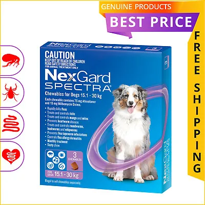 NEXGARD SPECTRA 3 Doses Heartworm Flea Treatment For Dogs 15.1 To 30 Kg PURPLE • $76.94