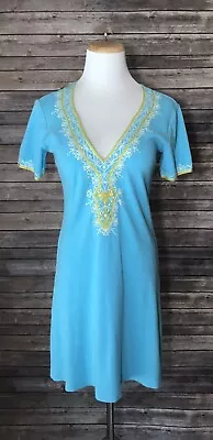 MODA International Medium Dress Beaded Teal Dress Gyspy Ribbed Vacation Beach • $20.99