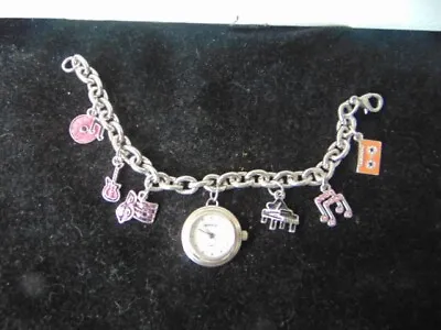 Music Themed Silver Tone Charm Bracelet With Watch Charm • £3.45