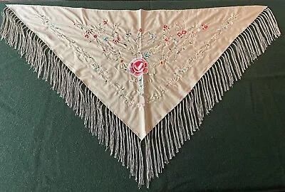EMBROIDERED VINTAGE SILK /SATEN WRAP PIANO SHAWL WITH FLOWERS Beige Tan W/Fringe • $135