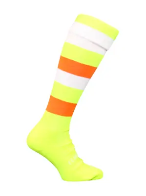 Fluro Yellow Orange And White Hooped Rugby Hockey Football Socks • £4