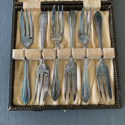 6 Vtg EPNS Sheffield England Pastry Cake Dessert Forks Silver Plated IOB • $19