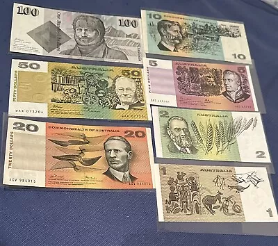 FULL SET-AUSTRALIAN BANKNOTES $100 $50 $20 & $10(both Commonwealth) $5 $2&$1 • $849