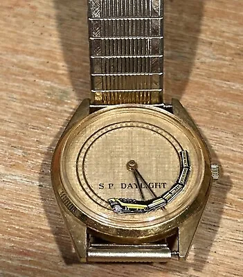 S P Daylight Gold Tone Moving Train Watch Vtg New Battery Works Rare • $89.99