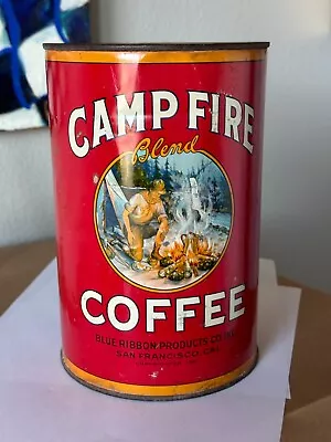 Rare 1931 Vintage Camp Fire Coffee Tin Can Blue Ribbon San Francisco Nice Cond • $126.50