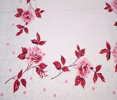 Vtg 50s Cotton Tablecloth Pale Pink W/ Red Roses 45  X 52  • $24