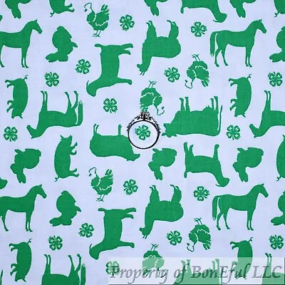 BonEful Fabric Cotton Quilt Green White 4H Club Clover Farm Horse Sheep FL SCRAP • £0.97