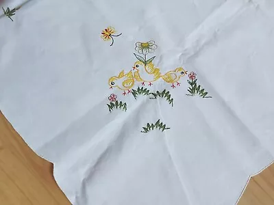 Beautiful Vintage Embroidered Easter Tablecloth Birds Flowers White Square 31  • $15.98