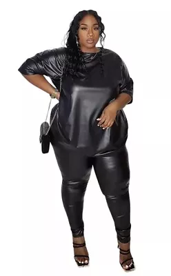 Fashion Nova Faux Shine Leather Sexy Legging Black Skinny Pull Pants Plus 1 1X • $9