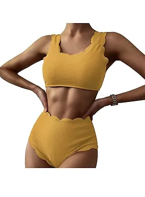 High Waisted Swimsuit Scalloped Bikini Set Back Lace Up Tankini Tummy Control • $29.99