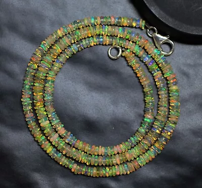 925 Sterling Silver  Ethiopian Opal  Smooth Roundel Necklace Beads 3X4MM 16'Inch • $26.39