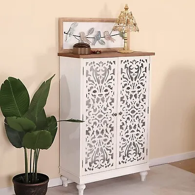 Accent Cabinet With 2 Doors 3-Tier Distressed Storage Cabinet Tall Hollow-Carved • $227.99