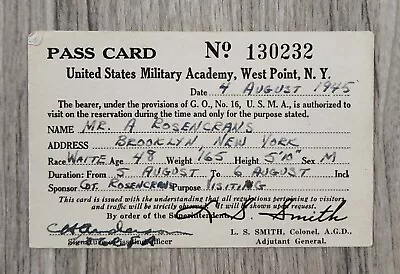 Vintage 1945 West Point Military Academy ID Pass Card Scarce • $74.99