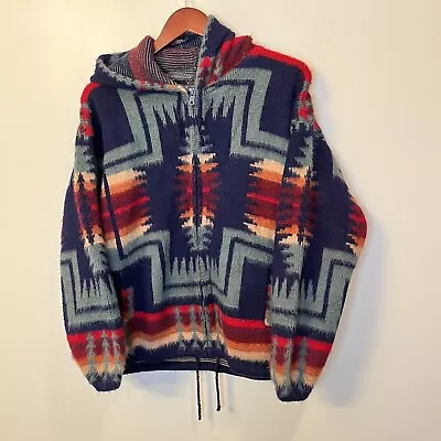 Vintage TEJIDOS RUMINAHUI Aztec Wool Full Zip Up Hooded Sweater Jacket Men’s M • $44.95