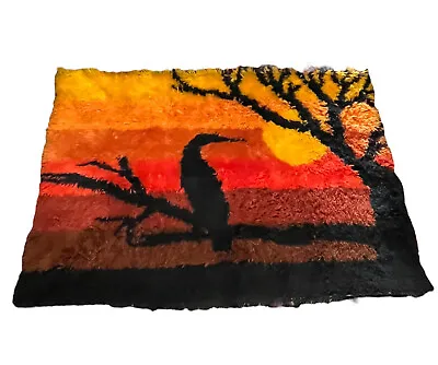 VTG Danish EGE RYA Shag Wall Art Hanging Rug 70s Mid Century 4' Sunset Bird Tree • $944.19