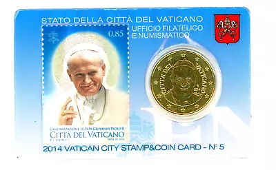 2014 VATICAN CANONIZATION POPE JOHN PAUL II STAMP  & 50 Euro-cents COIN  SEALED • $39