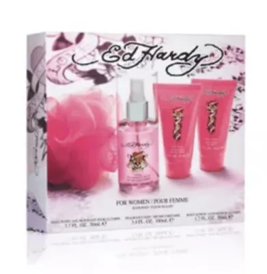 4 Pc Ed Hardy Love Kills Slowly-Gift Set Perfum Lotion Body Wash Pouf • $26.59