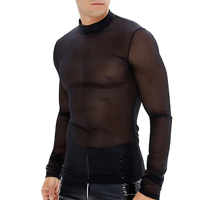Mens See-through Mesh Undershirts Mock Neck Long Sleeve T-Shirts Tops Clubwear • £10.79