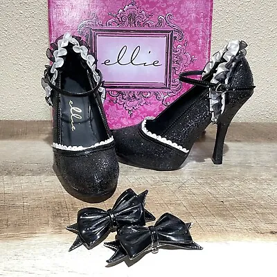 Ellie Sexy High Heel Women’s Black Glitter Vinyl Pump Sz 6 Shoes 453 Lacey White • $21.99