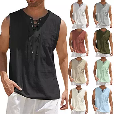 £4.39 • Buy Mens Cotton Linen Tank T-shirt Casual V Neck Lace Up Tunic Muscle Fit Vest Tops