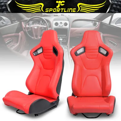 Universal Pair Reclinable Racing Seat + Dual Slider PU Carbon Leather RED • $364.85