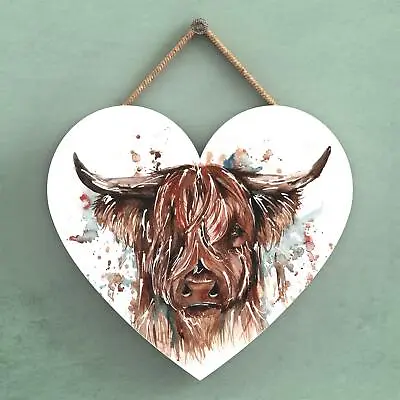 £6 • Buy Highland Cow Meg Hawkins Watercolour Animal Hanging Heart Wooden Plaque