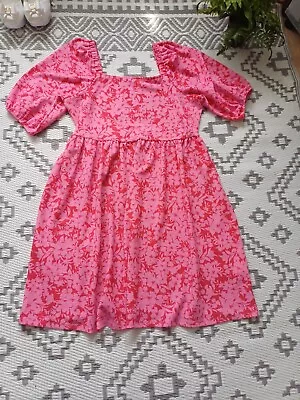 Pretty Pink Red Floral Smock Swing Summer  Dress 👗 14  • £8