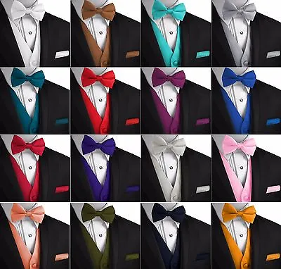 Men's Solid Satin Tuxedo Vest Bow-Tie & Hankie. Formal Casual Wedding Prom • $22.95