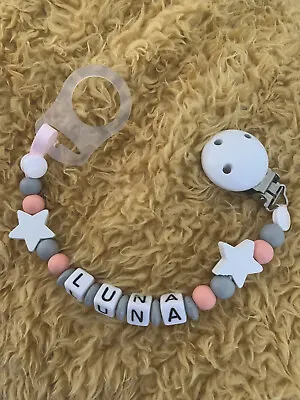 Personalised Baby Dummy Clip Strap Shower Christening PEACH Free Mam Adapter • £5.50