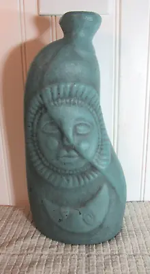 Terracotta Twisted Vase Sun Face Moon 13  Clay Art Turquoise Unique 3D Vessel • $38.99