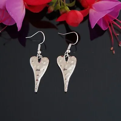 Dangle Drop Long Hearts Hammered Style Tibetan Antique Silver Earrings (79A) • £3.69