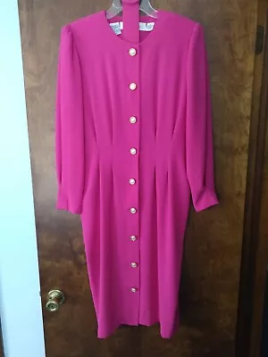 Vintage Misses Size 12 Barbie Pink Dress Long Sleeve Button Front Belted • $18.99