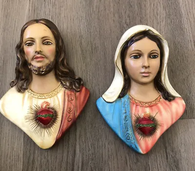 VTG Jesus Mary Sacred Heart Chalk Ware Religious Art Plaque Mid Century Rare MCM • $150