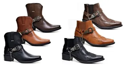 £23.95 • Buy Mens Cow Boy Riding Ankle Calf Cuban Heel Slip On Harness Biker Chain Boots Shoe