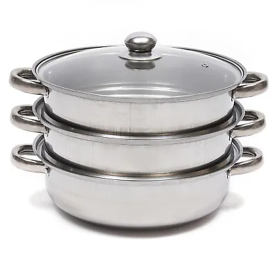 3-Tier Stainless Steel Steamer Steaming Glass Lid Cooker Pot SET Cookware  • $40