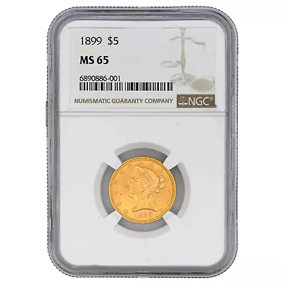 1899 $5 Liberty Head Half Eagle Us Mint 90% Gold Coin Ngc Certified Ms 65 Unc • $1526