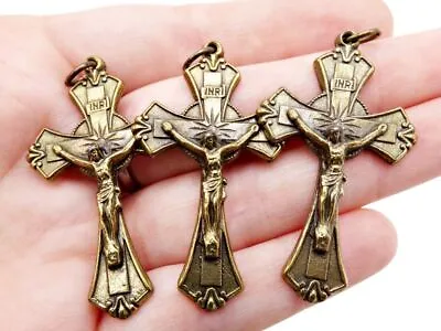 Lot Of 3 Antiqued Bronze Toned Scrollwork Cross Medal Crucifix Pendants • $9.88