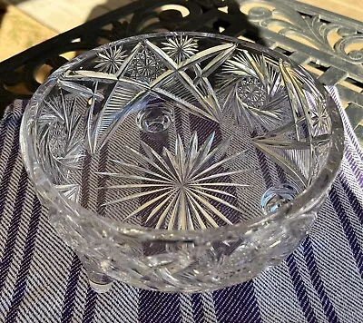 Vintage Cut Crystal Glass Round 3-Footed Bowl Hobstar Pinwheel Star Excellent • $87.20