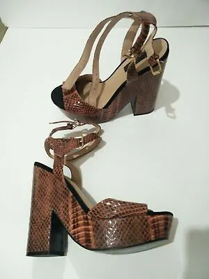 Womens Miss Selfridge Brown Snake Python Effect High Heel Platforn Shoes Uk 4 • £14.99