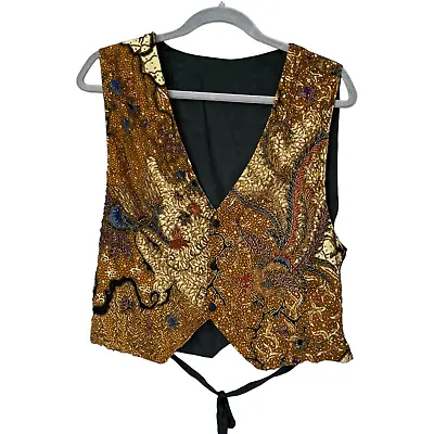 Kenar Womens Vintage Beaded Waistcoat Vest Size L Multicolor Batik Bohemian • $23.75
