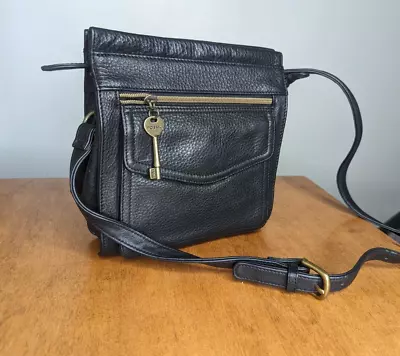 Vintage Fossil Pebbled Black Leather Shoulder Bag Crossbody Purse Key 75082 • $39.99