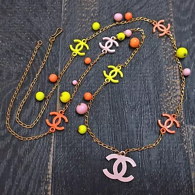 CHANEL Gold Plated CC Logos Pink Yellow Vintage Necklace Pendant #9168a Rise-on • £8.31