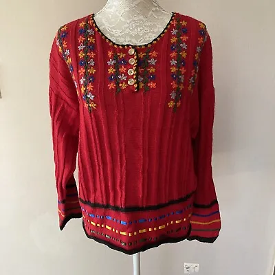 Vintage Crazy Horse Red Embroidered Floral Pullover Sweater Sz Large NWT • $16