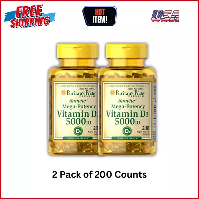 ✅ Pack Of 2 (400Counts) Puritan Pride Vitamin D3 5000 IU Softgels - 200 Count • $16.99