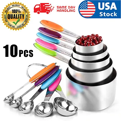 10PCS Measuring Cups And Spoons Set Stainless Steel Nonslip Silicone Handle • $19.98