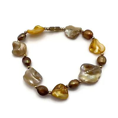 Vintage Brown And Yellow Gold  Dyed Pearl Beaded Fashion Bracelet 8 Inch • $15