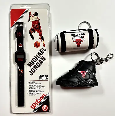 3 LOT! Vintage MICHEAL JORDAN WILSON WATCH Factory Sealed + Shoe & Bag Keychains • $45