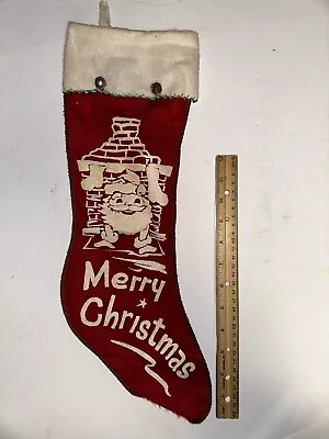 Vintage 1950’s Stenciled Red Felt Merry Christmas 18” Tall Stocking Santa Bells • $19.95