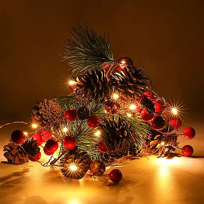 Christmas Garland With Lights Red Berry Pine Cone 6.5FT 20 LED Garland Lights B • $30.40