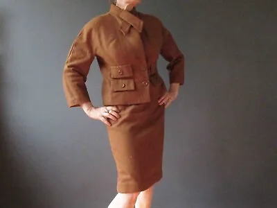 Vintage 50s Nutmeg Autumn Spice Brown Wool Skirt Suit Extra Small Petite Mad Men • $59.36